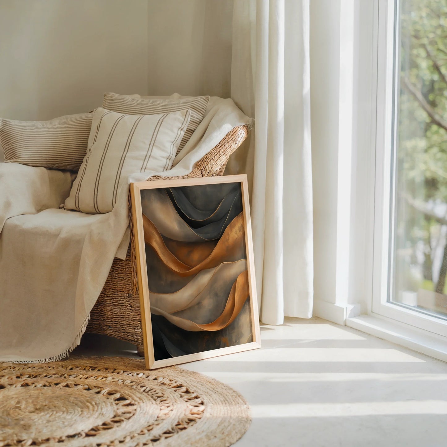 Bronze Metallic Abstract Flowing Ribbons in room