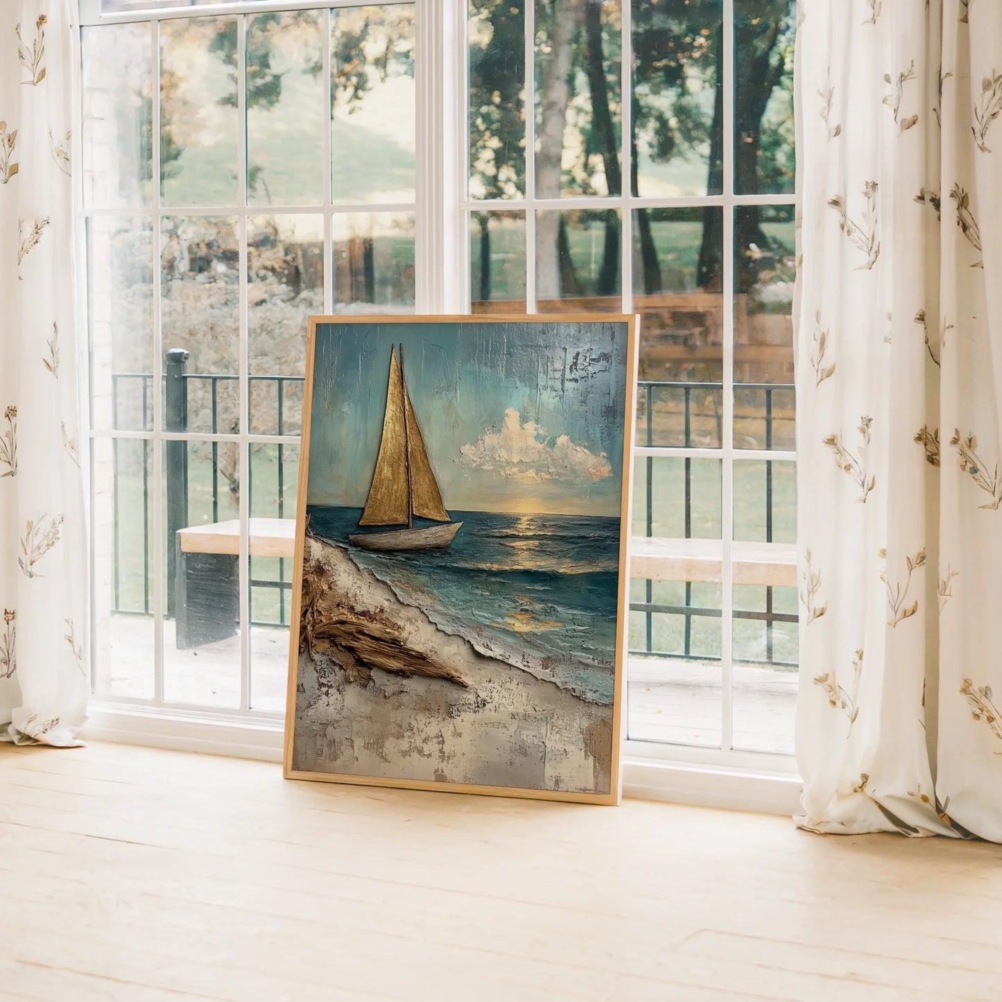 Textured Sailboat Painting Bronze Sails in room