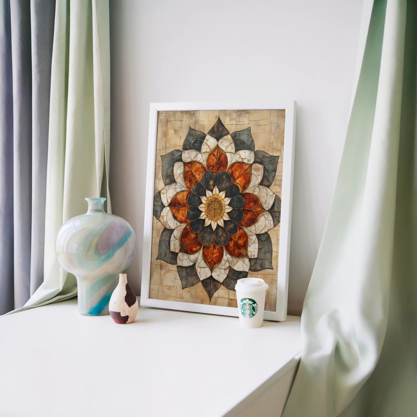 Boho Lotus Mandala Cracked Stone Texture in room