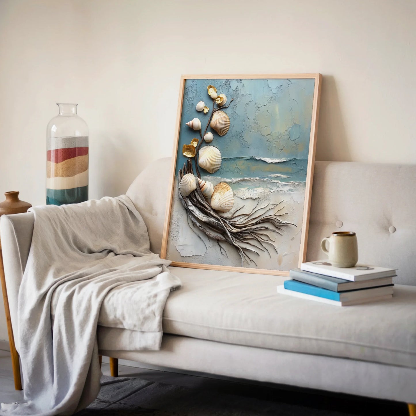 Coastal Driftwood Shell Art Textured Sculpture in room