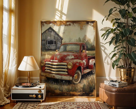 Red Truck Farmhouse Dissolving Rust Barn Canvas Wall Art — Shabby chic artwork depicting a classic automobile fading beside abandoned agricultural buildings