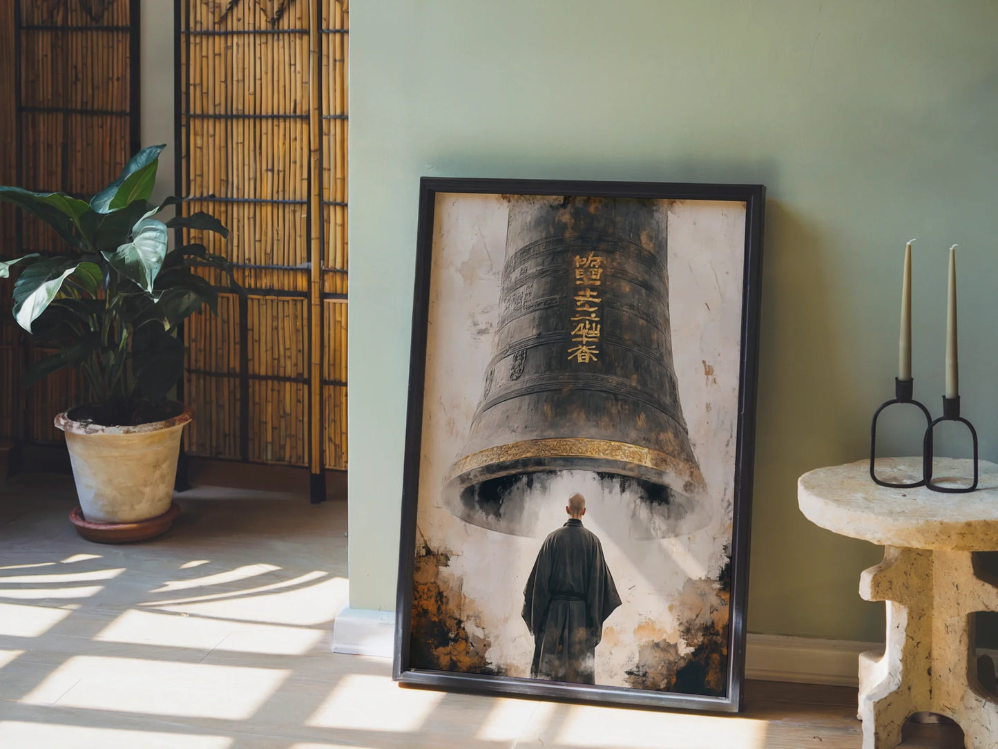 Buddhist Temple Bell Art Japandi Monk in room