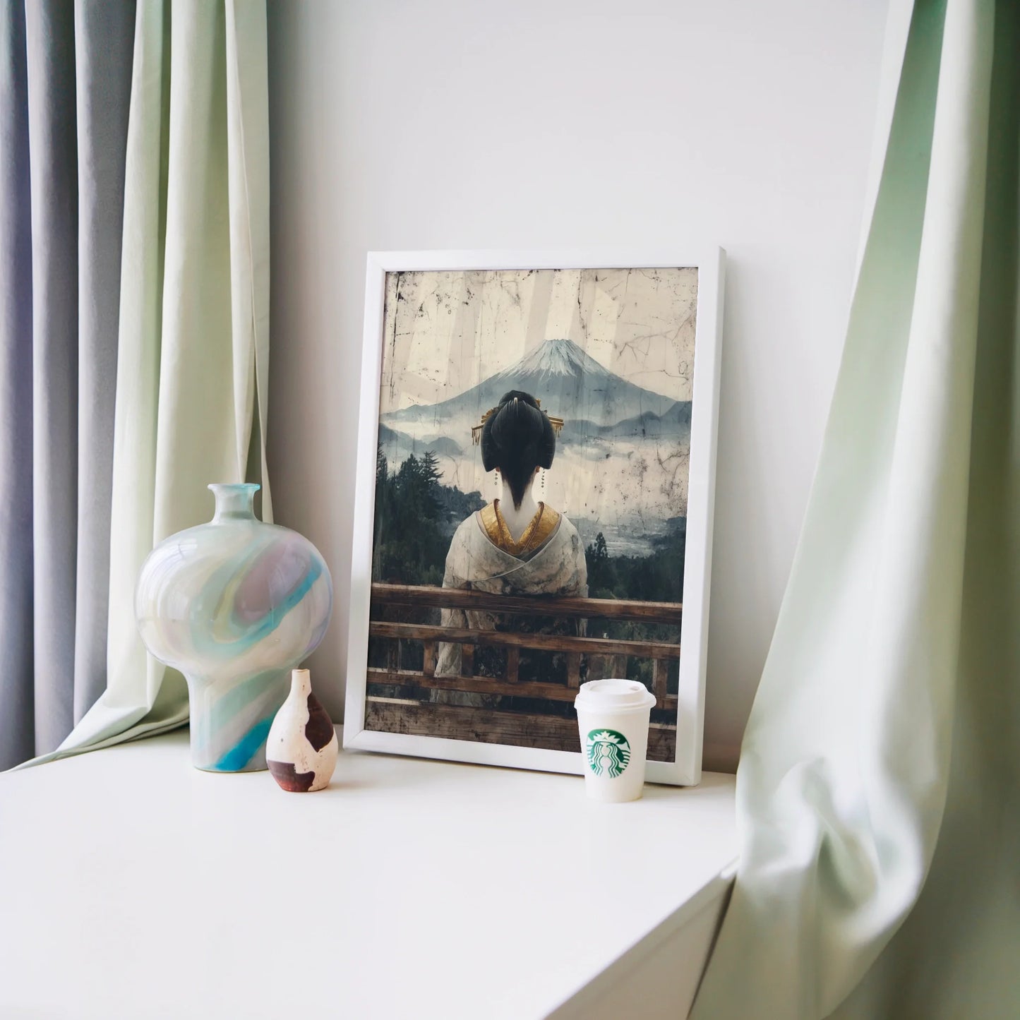 Japanese Geisha Art Mount Fuji Morning Mist in room