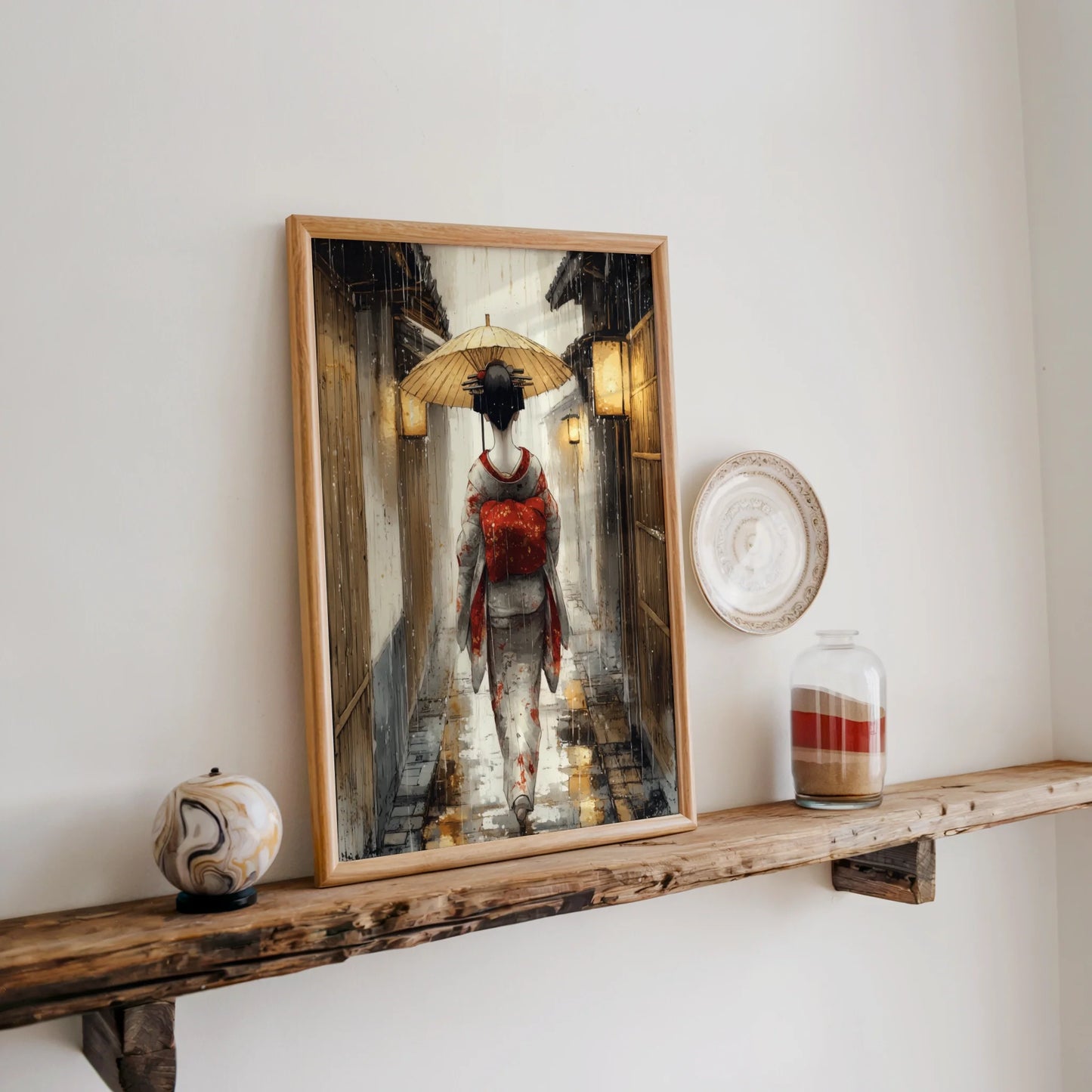 Japanese Geisha Art Crimson Obi Rain Scene in room