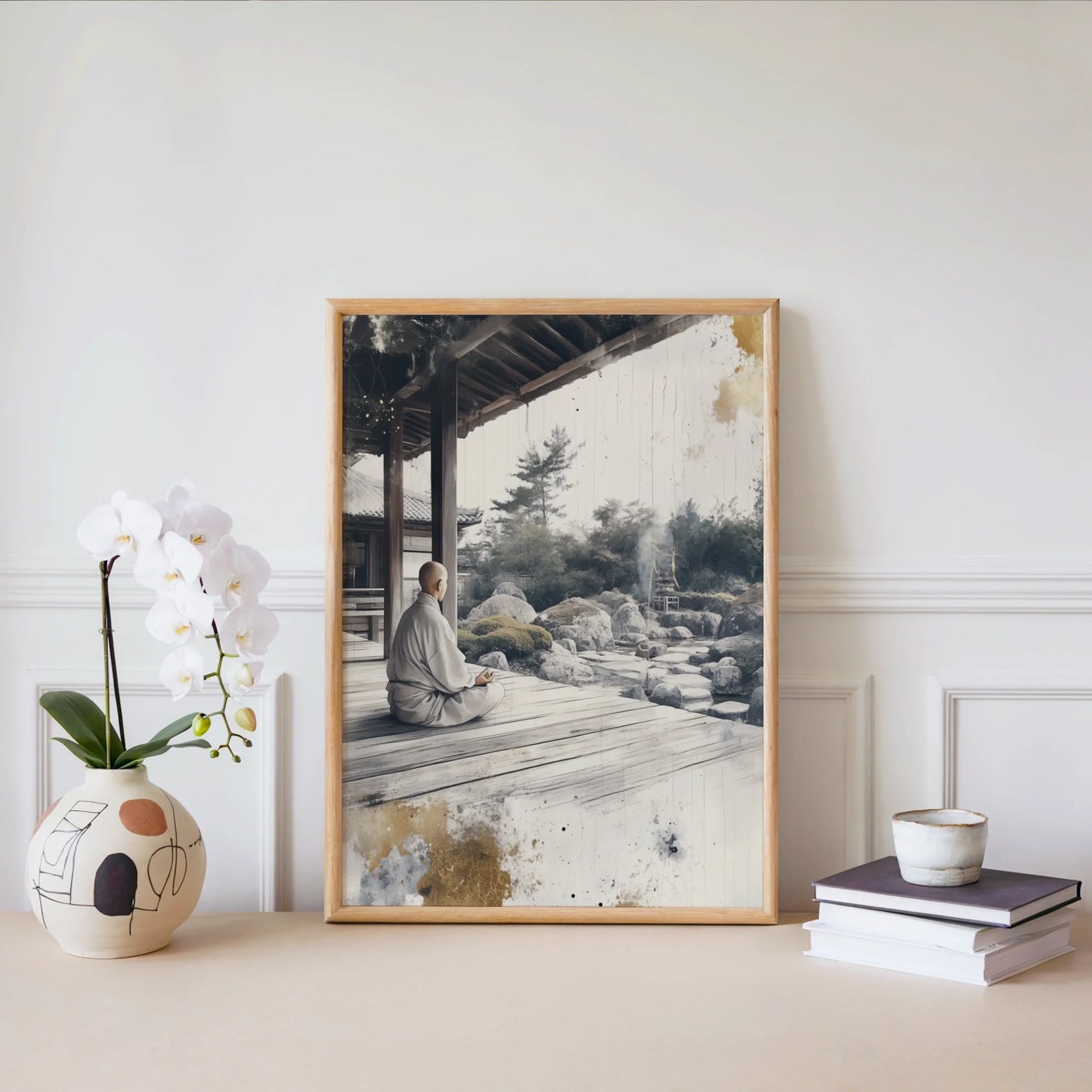 Zen Monk Meditation Stone Garden Japandi in room