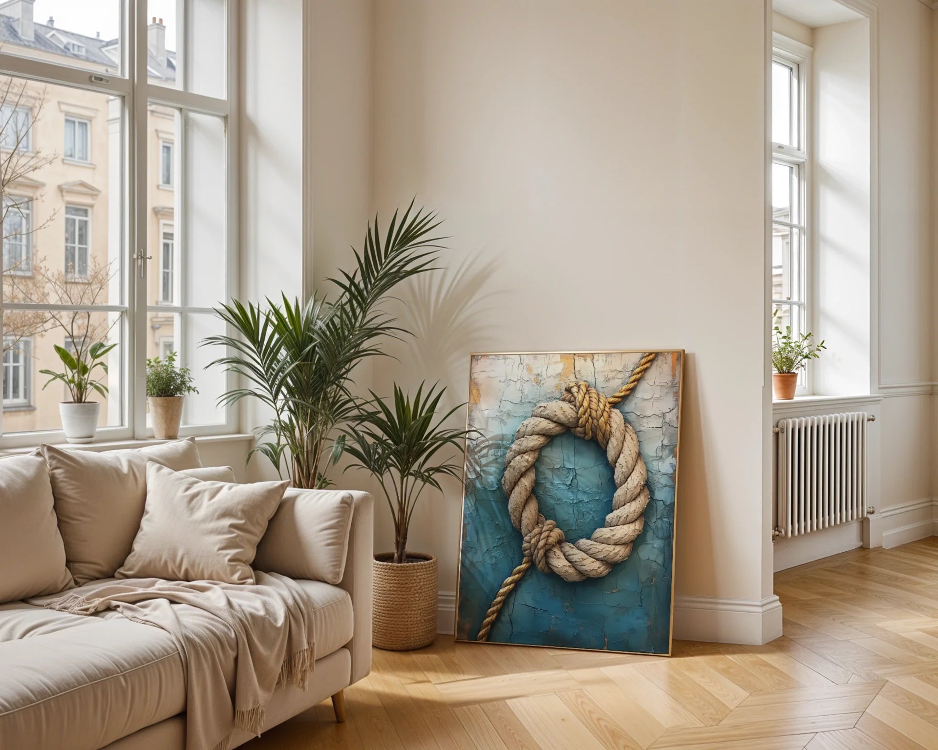 Coastal Rope Art Weathered Blue Paint Maritime Canvas Wall Art — Minimalist canvas showing weathered rope spiral for contemporary coastal interiors