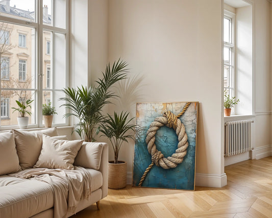 Coastal Rope Art Weathered Blue Paint Maritime Canvas Wall Art — Minimalist canvas showing weathered rope spiral for contemporary coastal interiors