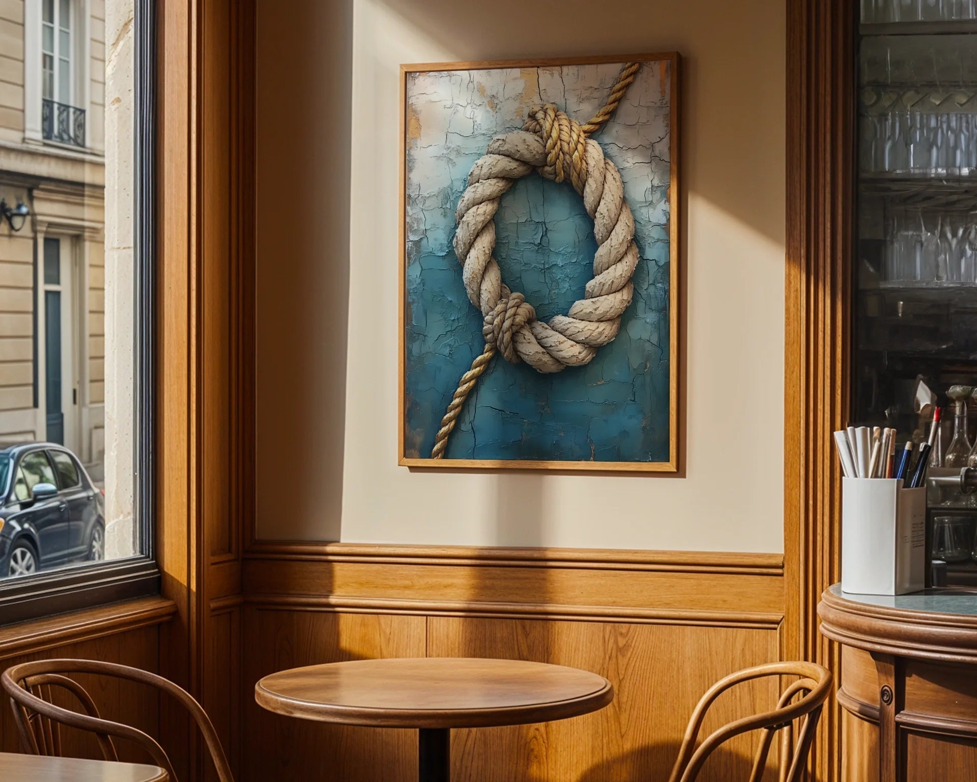Coastal Rope Art Weathered Blue Paint Maritime in room