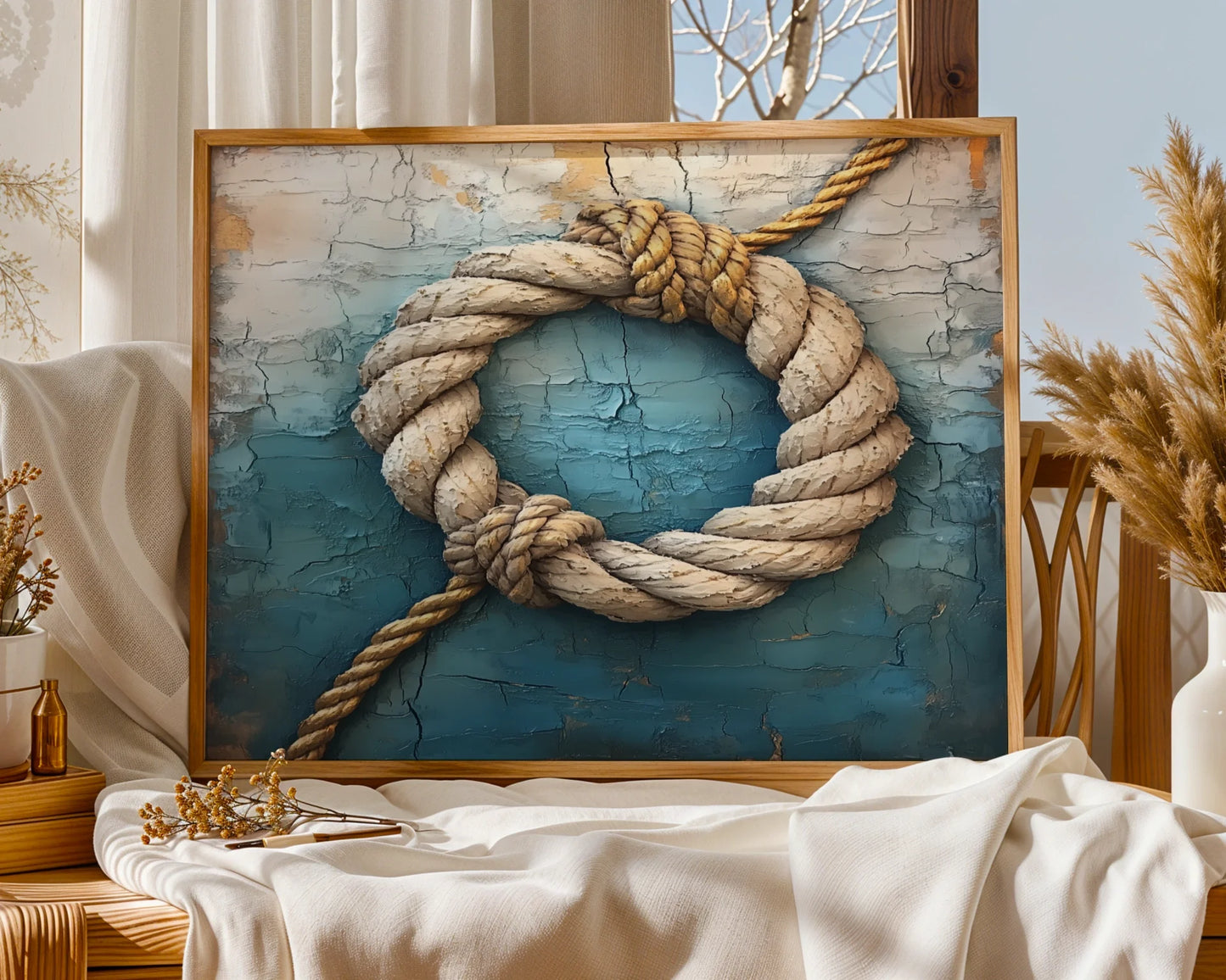 Coastal Rope Art Weathered Blue Paint Maritime in room