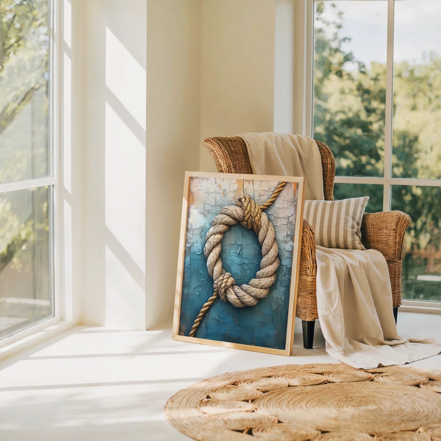 Coastal Rope Art Weathered Blue Paint Maritime in room