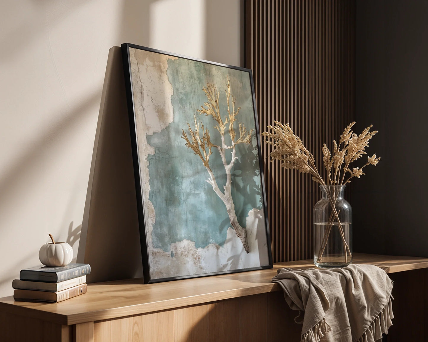Coastal Coral Specimen Fresco Style Canvas Wall Art — Ocean-themed wall decor showcasing delicate coral outline on rough textured canvas for nautical spaces