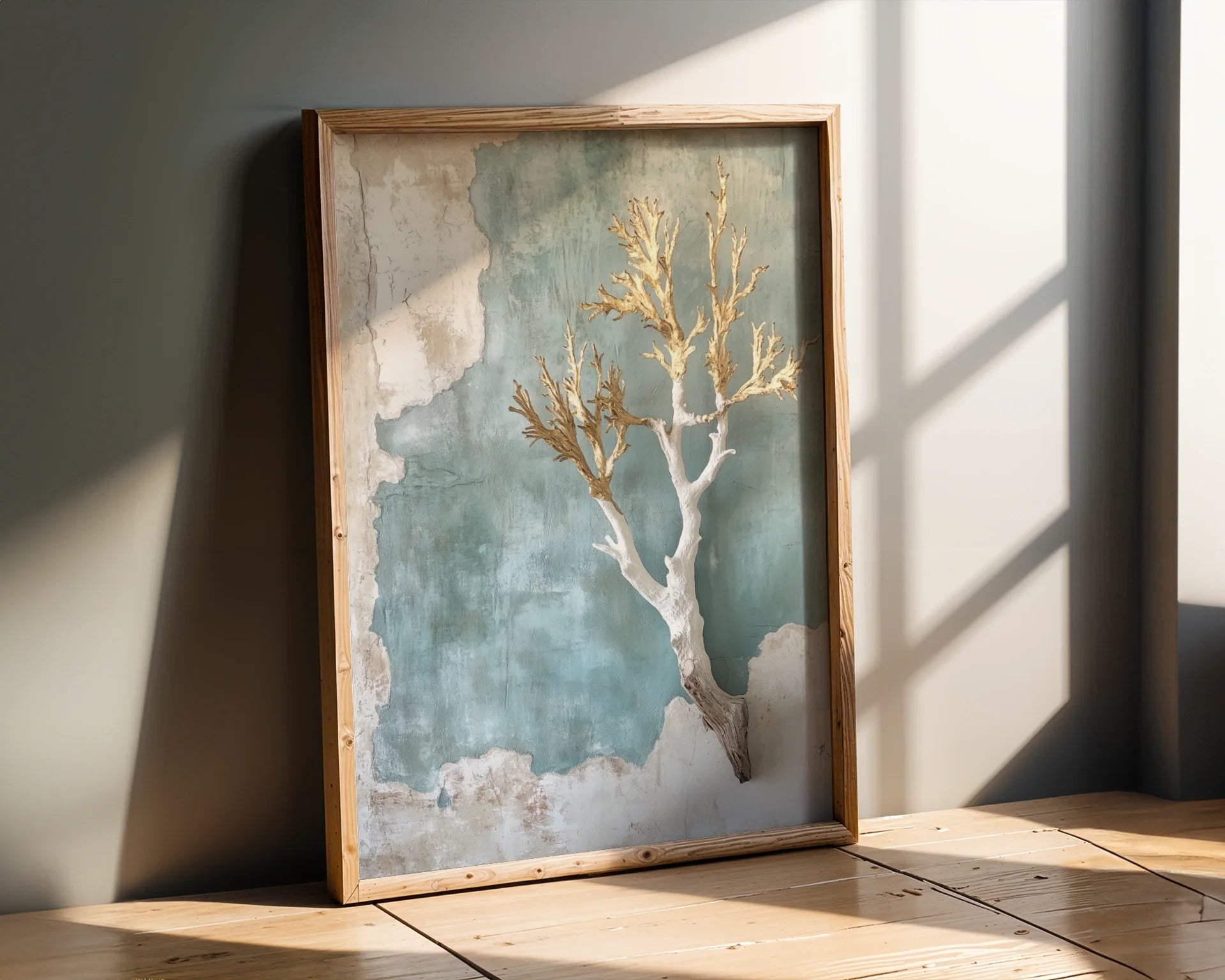 Coastal Coral Specimen Fresco Style Canvas Wall Art — Seaside inspired artwork displaying translucent coral shape on peeling plaster finish for beach decor
