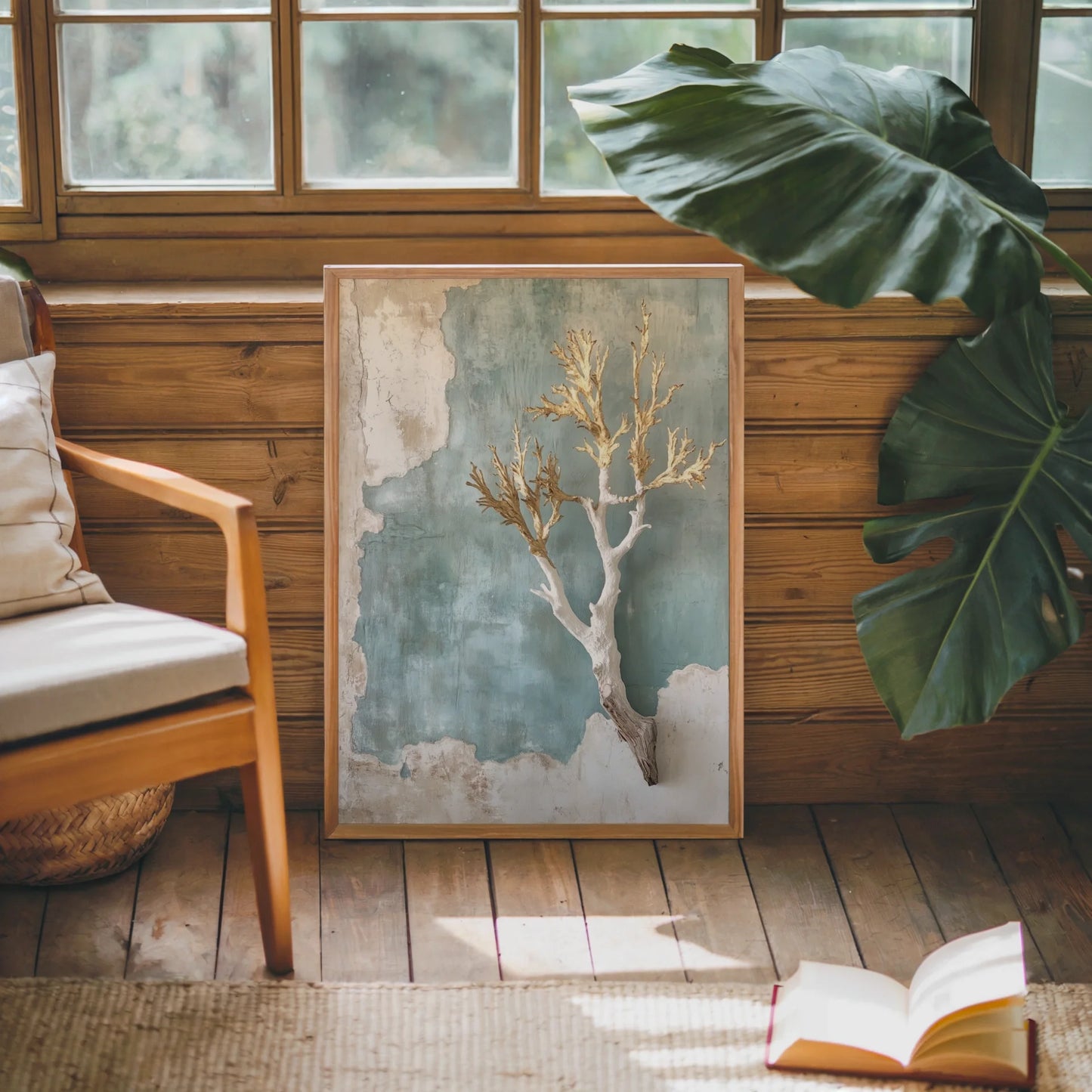 Coastal Coral Specimen Fresco Style Canvas Wall Art — Seafoam and ivory toned artwork with coral figure on cracked surface texture for serene home decor
