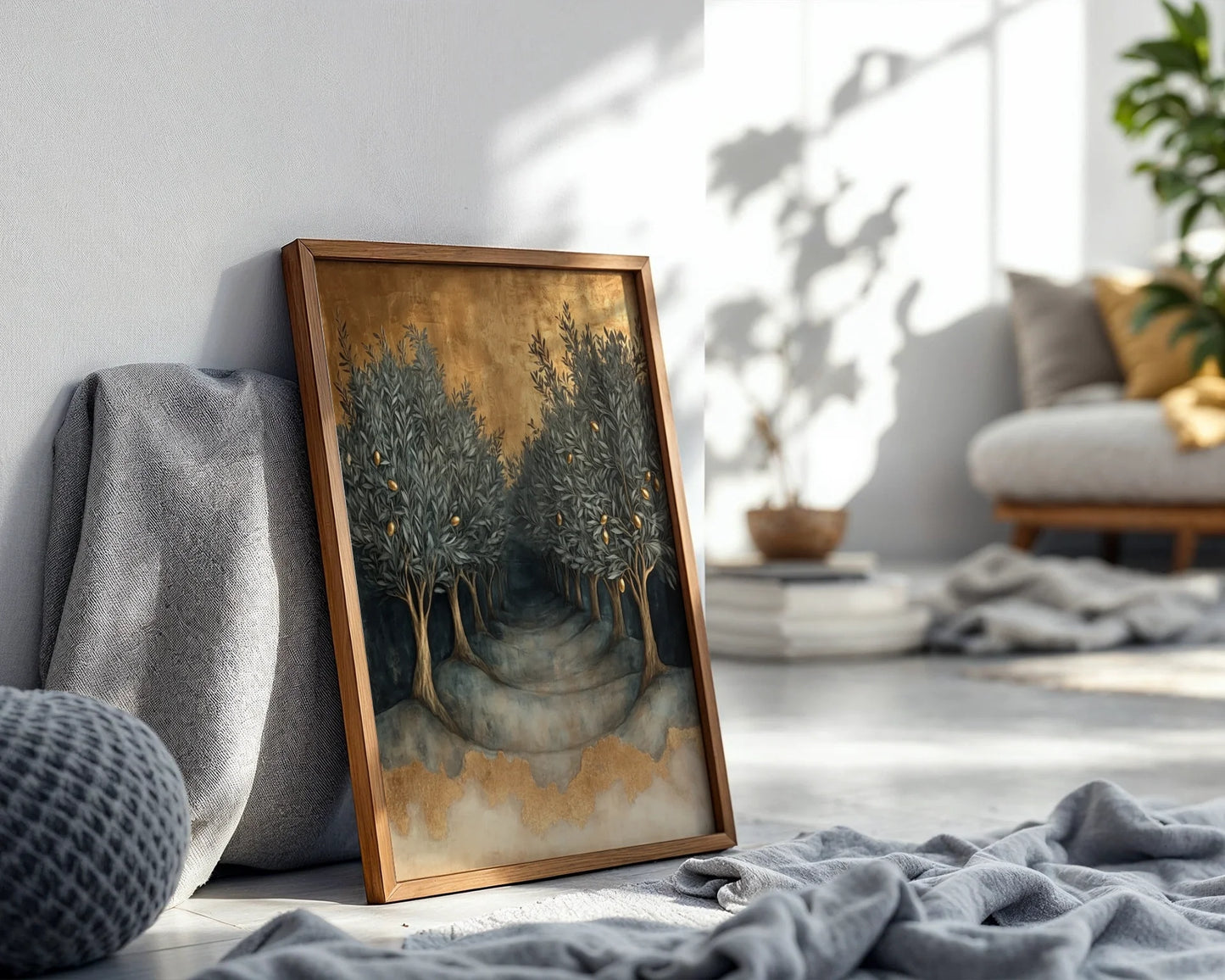 Olive Tree Gold Leaf Mediterranean Terraced Grove Canvas Art — Contemporary wall art featuring ancient amphitheater landscape with golden sky for modern interior design