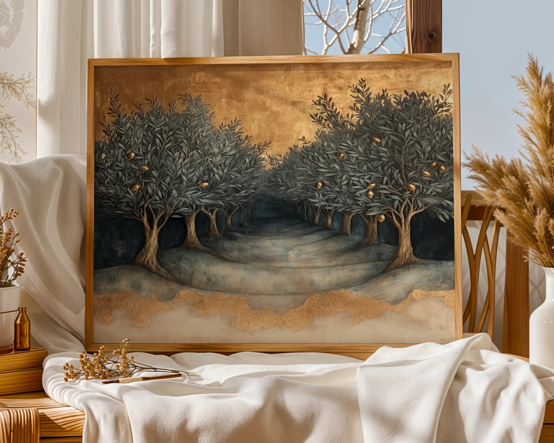 Olive Tree Gold Leaf Mediterranean Terraced Grove Canvas Art — Sleek canvas artwork displaying celestial sanctuary with ascending stone steps for upscale home styling