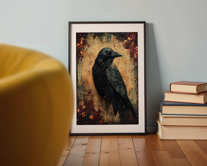 Dark Academia Raven Canvas Wall Art with Copper Patina Effect — Medieval-inspired raven artwork displayed in sophisticated interior design setting