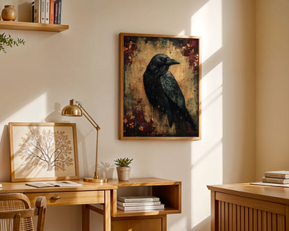 Dark Academia Raven Canvas Wall Art with Copper Patina Effect — Antique-style crow painting showcased in classic home decor arrangement