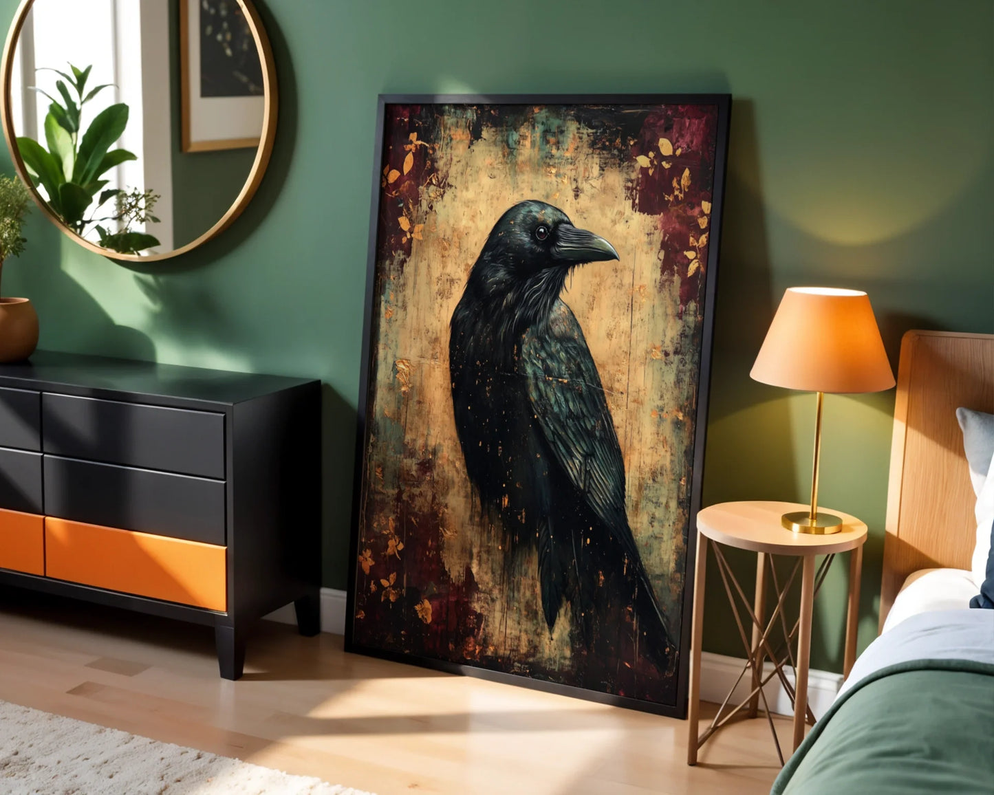 Dark Academia Raven Canvas Wall Art with Copper Patina Effect — Mysterious feathered creature canvas enhancing atmospheric interior design