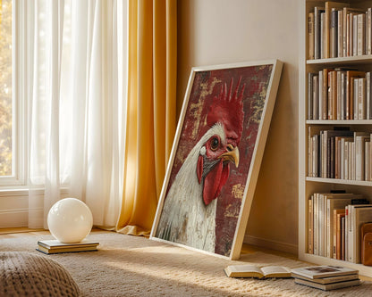 Rustic Rooster Art Barn Wood Textured Canvas Wall Art — Cottage-style canvas showcases proud cockerel against aged timber backdrop for cozy home styling