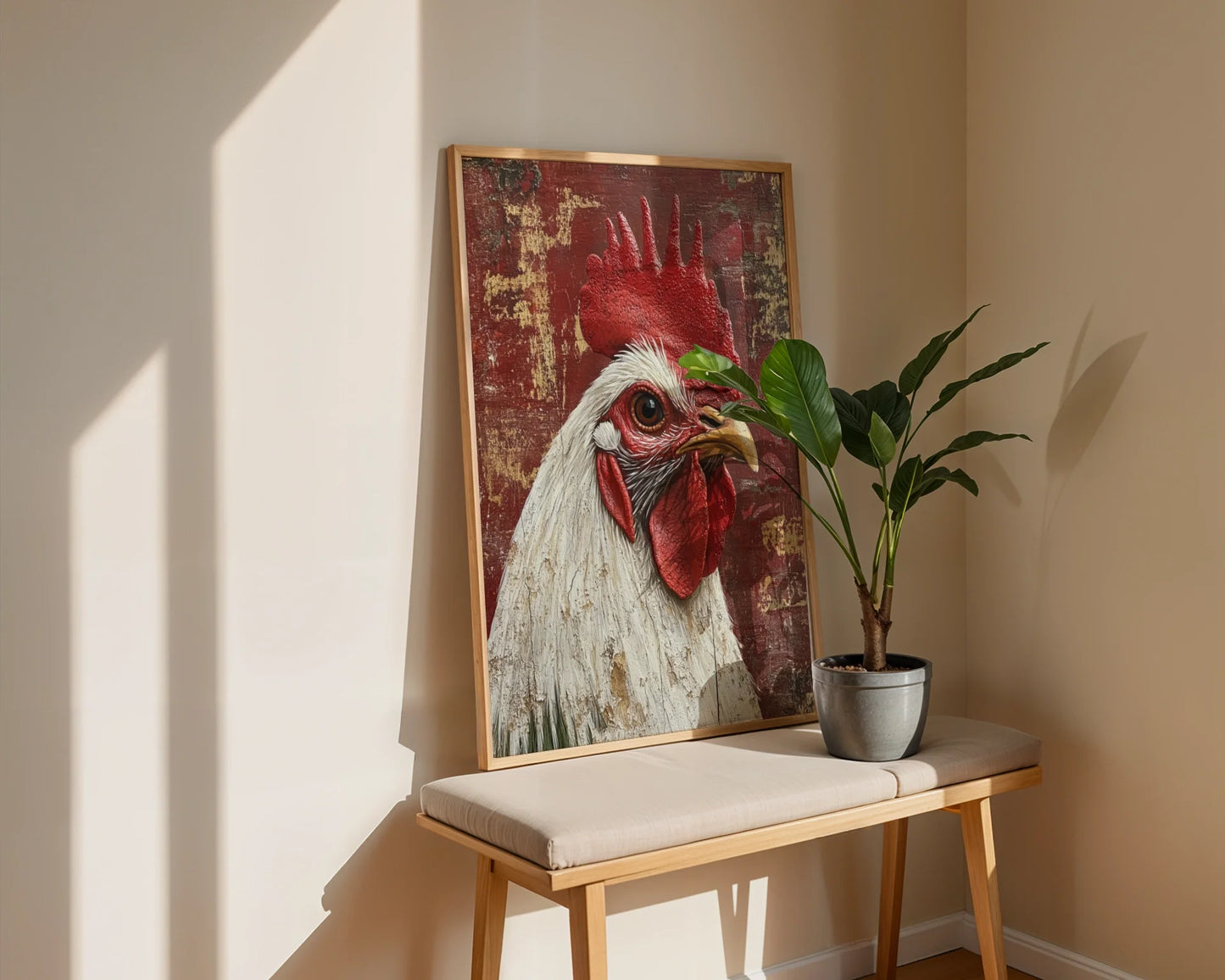 Rustic Rooster Art Barn Wood Textured Canvas Wall Art — Shabby chic print features majestic bird silhouette on distressed plank background in neutral space