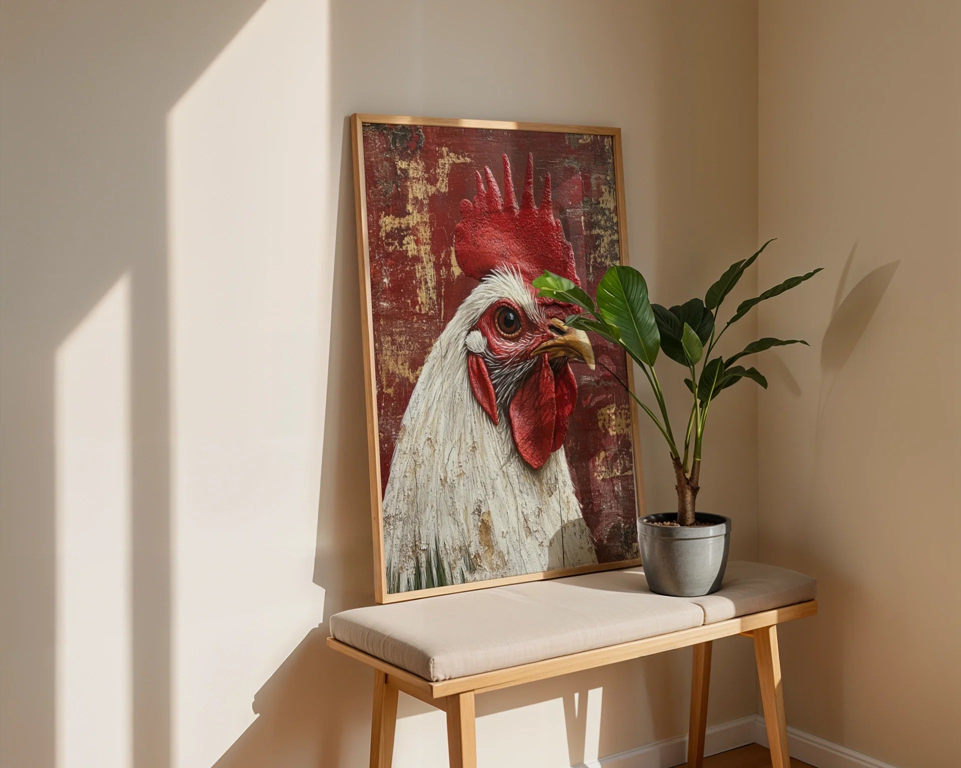 Rustic Rooster Art Barn Wood Textured Canvas Wall Art — Shabby chic print features majestic bird silhouette on distressed plank background in neutral space