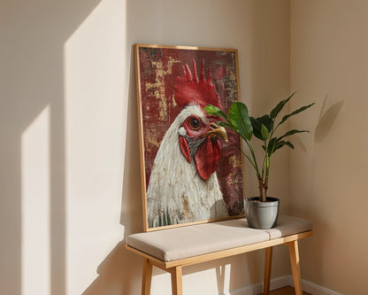 Rustic Rooster Art Barn Wood Textured Canvas Wall Art — Shabby chic print features majestic bird silhouette on distressed plank background in neutral space