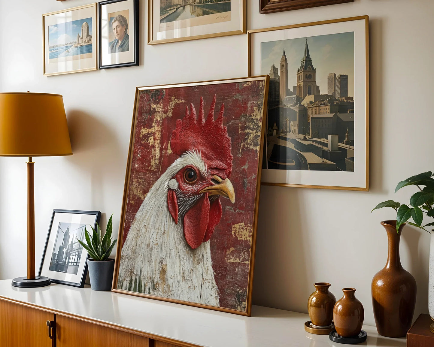 Rustic Rooster Art Barn Wood Textured Canvas Wall Art — Traditional countryside artwork displays noble fowl portrait for authentic pastoral home decor