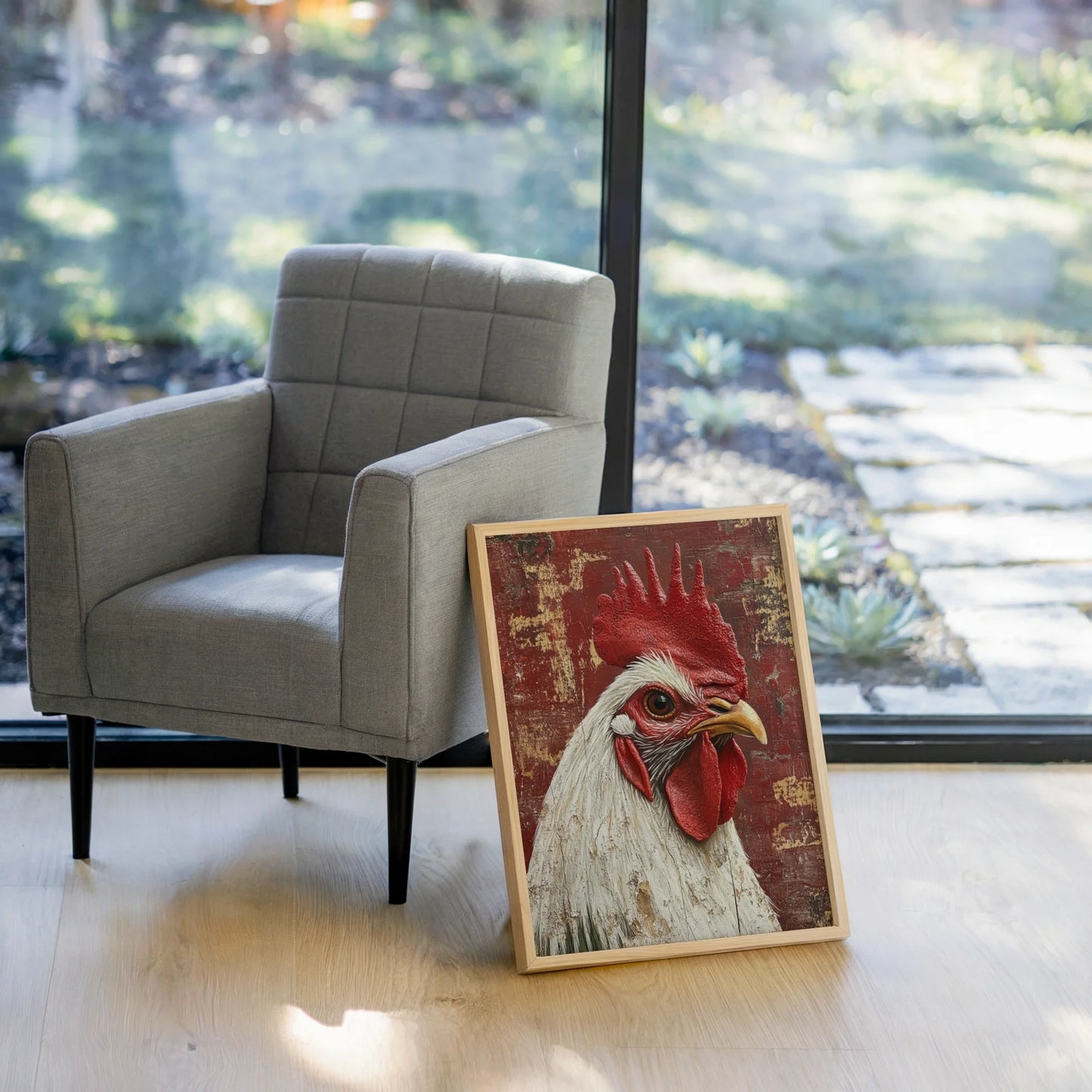 Rustic Rooster Art Barn Wood Textured Canvas Wall Art — Weathered farmyard artwork depicts regal bird against worn plank texture for rustic styling