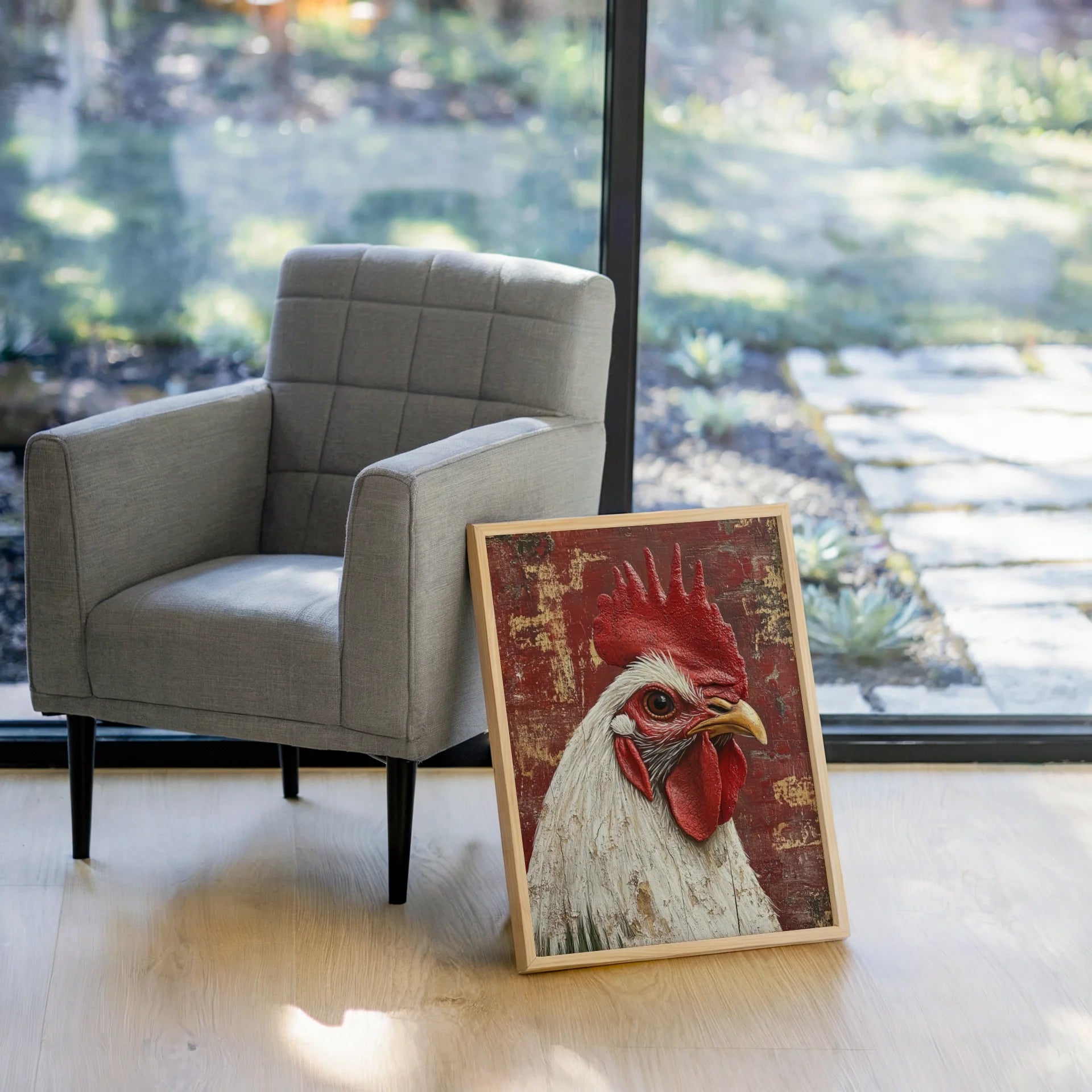 Rustic Rooster Art Barn Wood Textured Canvas Wall Art — Weathered farmyard artwork depicts regal bird against worn plank texture for rustic styling