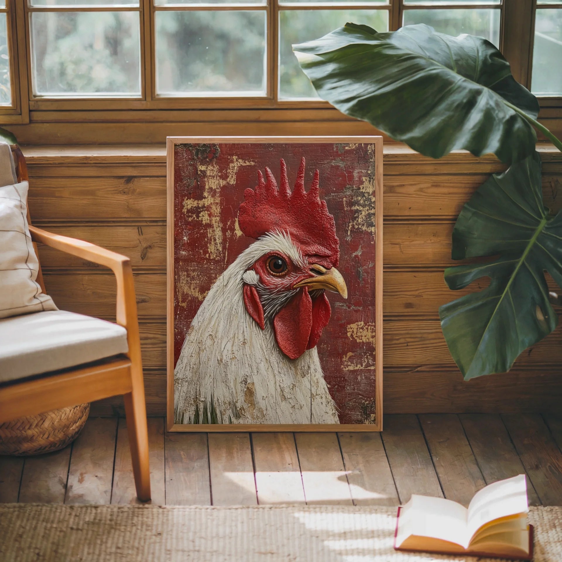 Rustic Rooster Art Barn Wood Textured Canvas Wall Art — Deep maroon and cream canvas print adds rich earth tones to modern country home interiors