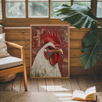 Rustic Rooster Art Barn Wood Textured Canvas Wall Art — Deep maroon and cream canvas print adds rich earth tones to modern country home interiors