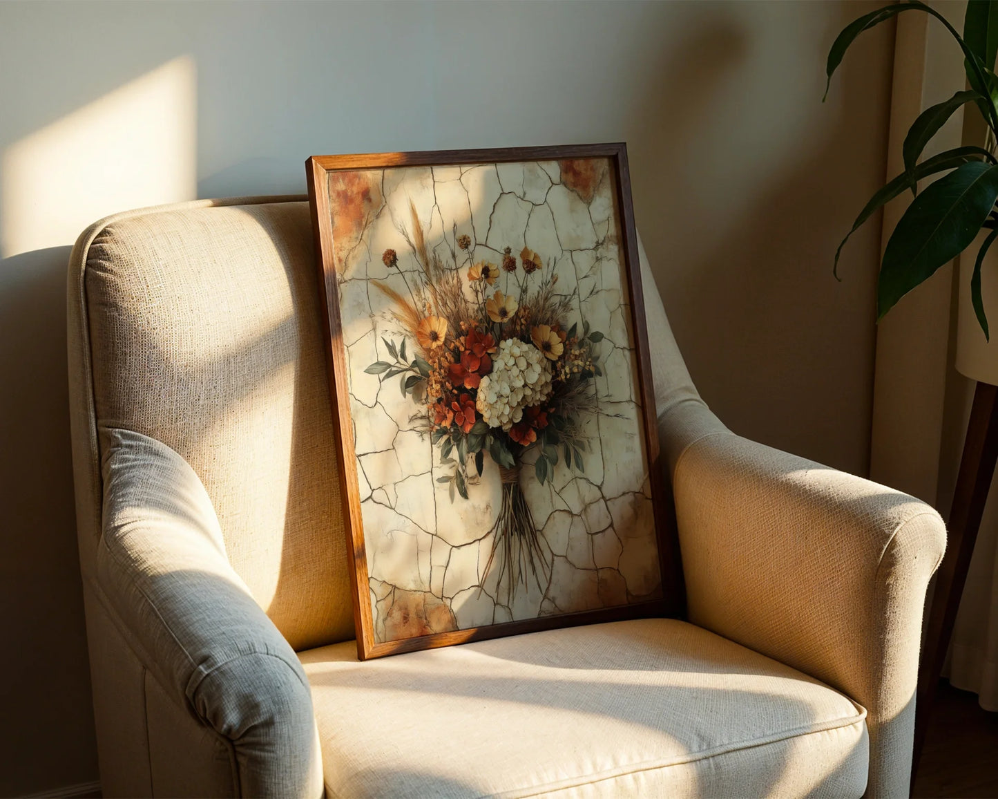 Rustic Autumn Bouquet Wildflower Twine Boho Canvas Wall Art — Bohemian decor piece showing preserved garden stems in vintage-inspired artistic composition