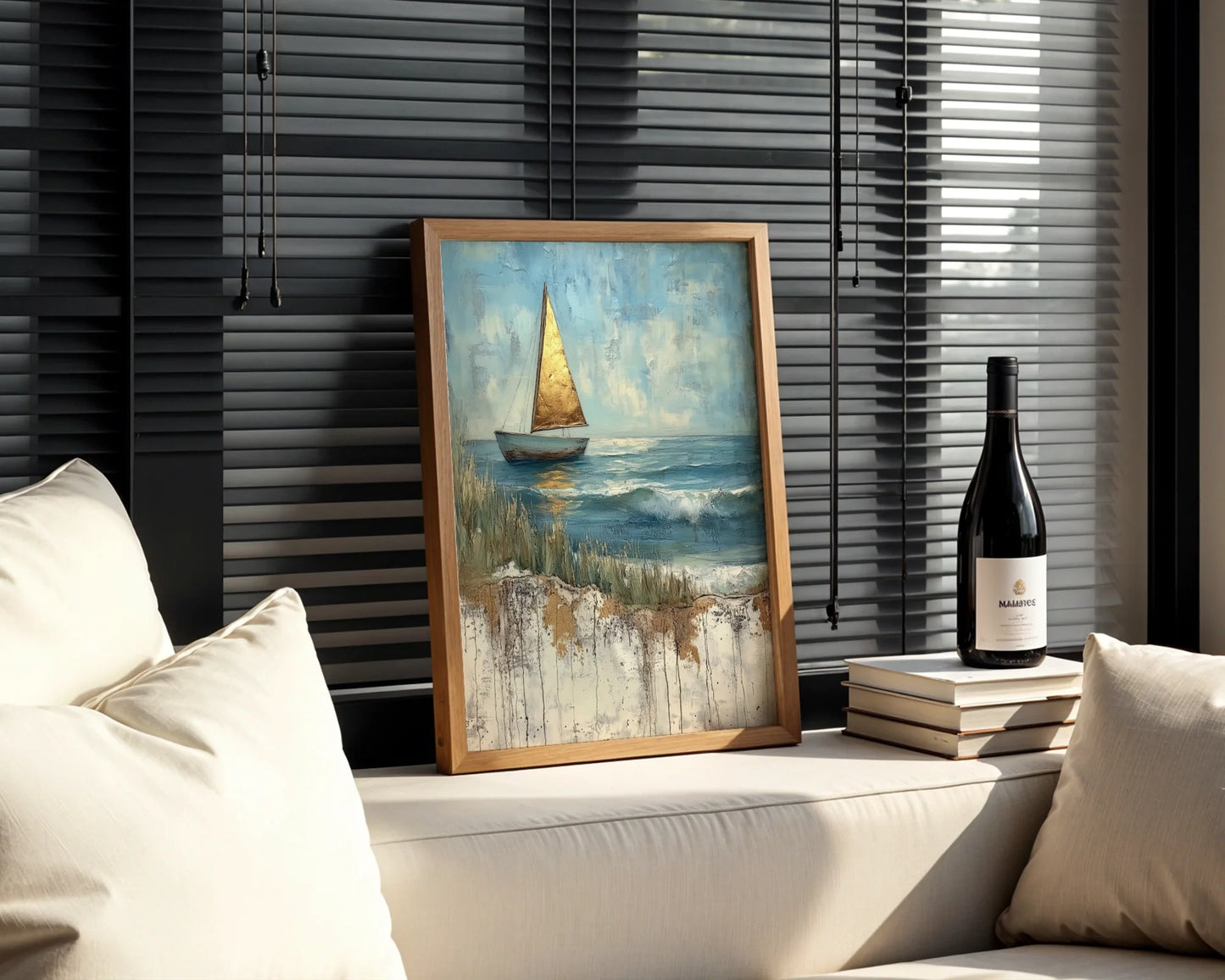 Sailboat Painting Golden Sail Textured Canvas Wall Art — Rustic maritime canvas featuring aged yacht with amber sails for farmhouse home decor style