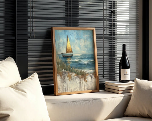 Sailboat Painting Golden Sail Textured Canvas Wall Art — Rustic maritime canvas featuring aged yacht with amber sails for farmhouse home decor style