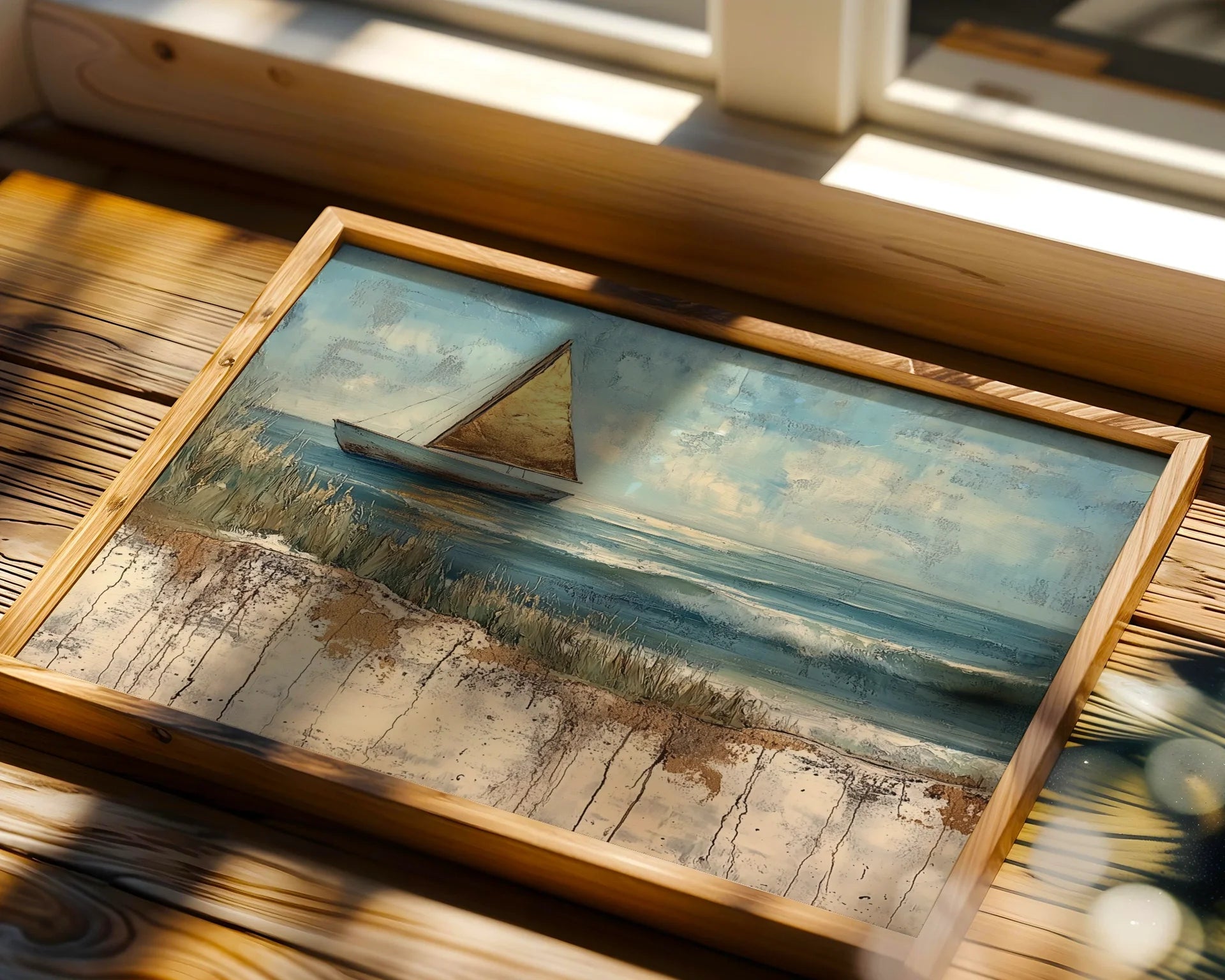 Sailboat Painting Golden Sail Textured Canvas Wall Art — Seaside vessel artwork with honey-toned mast displayed in contemporary coastal interior design