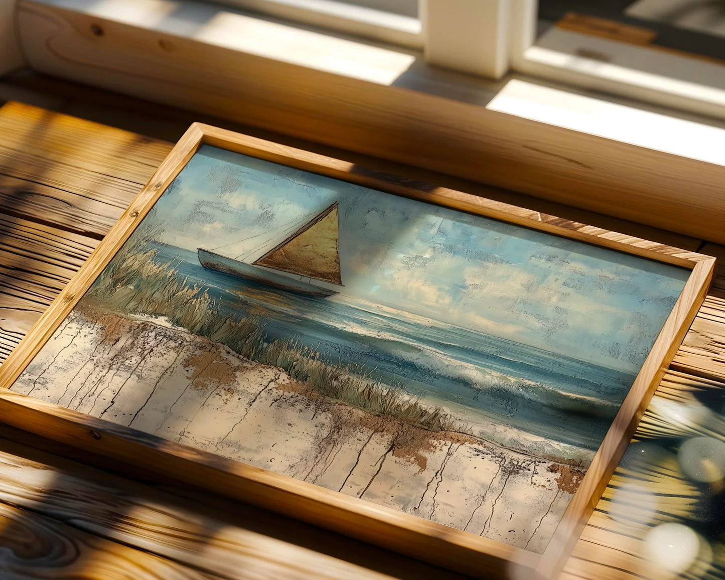 Sailboat Painting Golden Sail Textured in room