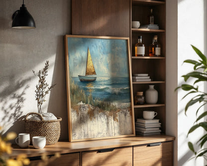 Sailboat Painting Golden Sail Textured in room