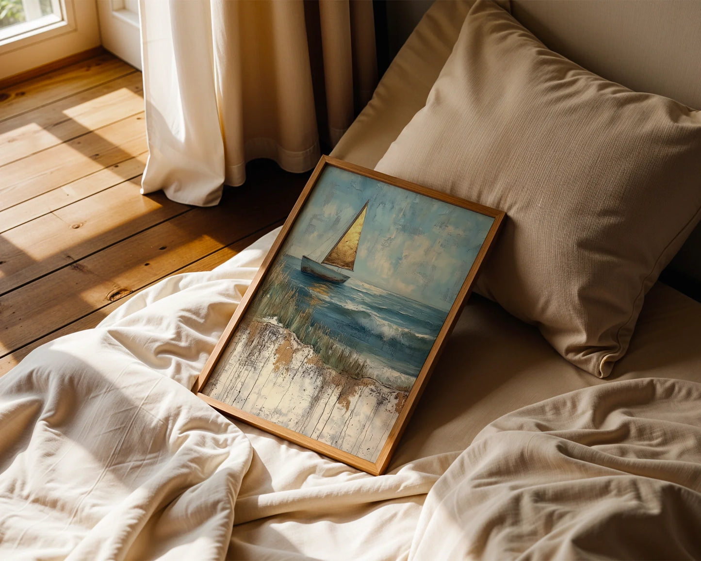 Sailboat Painting Golden Sail Textured Canvas Wall Art — Thick-brushed seascape canvas depicting vintage vessel for modern nautical home styling