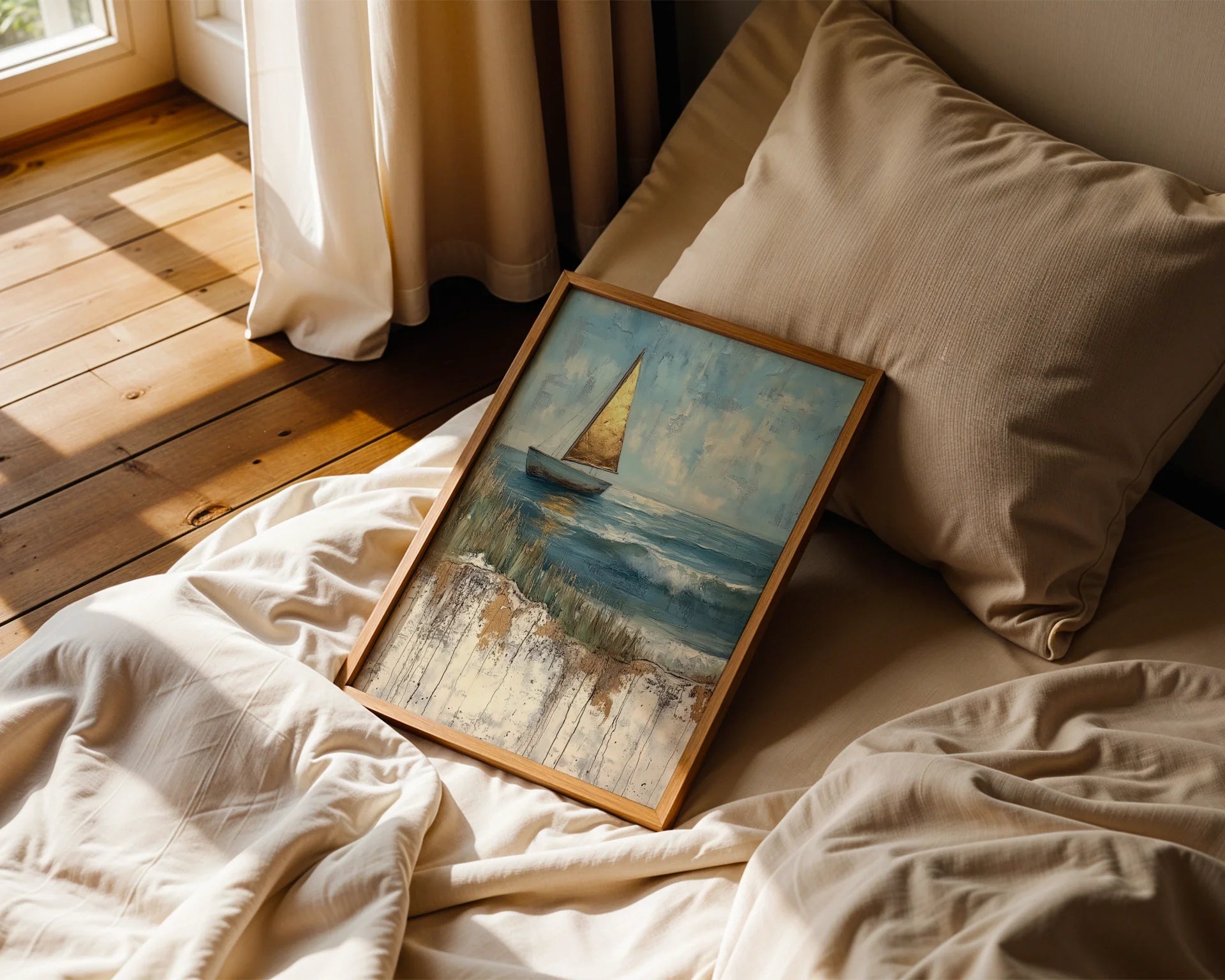 Sailboat Painting Golden Sail Textured Canvas Wall Art — Thick-brushed seascape canvas depicting vintage vessel for modern nautical home styling