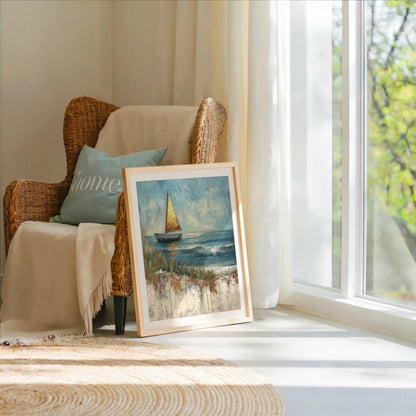 Sailboat Painting Golden Sail Textured Canvas Wall Art — Retro sailing craft artwork with bronze rigging perfect for classic marine-inspired interiors