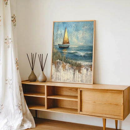 Sailboat Painting Golden Sail Textured in room