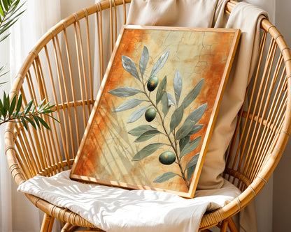 Mediterranean Olive Branch Boho Canvas Wall Art Golden Light — Rustic canvas art capturing Mediterranean olive branch against textured stone for natural home styling
