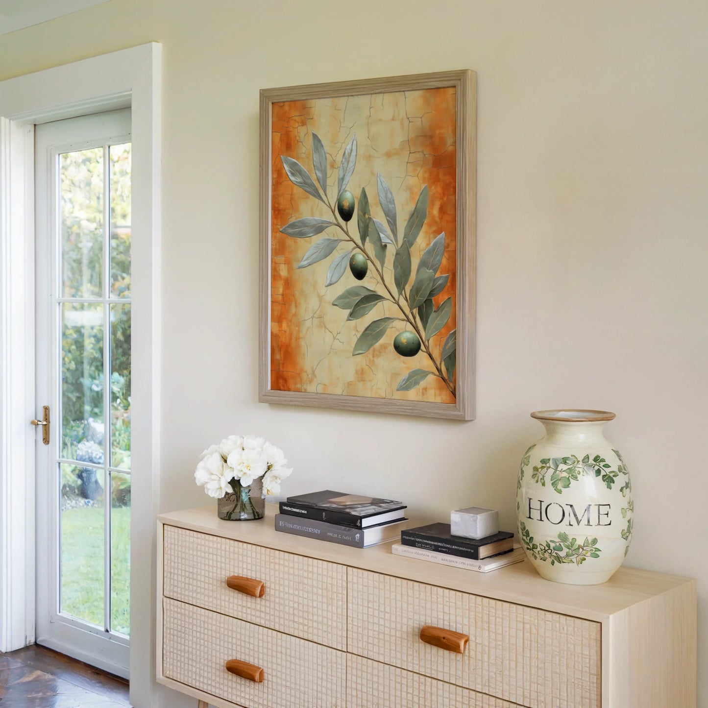 Mediterranean Olive Branch Boho Canvas Wall Art Golden Light — Burnt sienna and champagne tones blend beautifully in this olive branch canvas with desert sunset hues