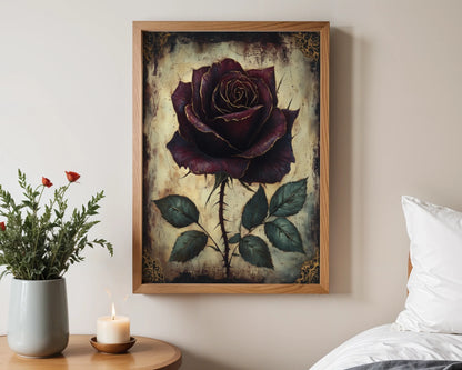 Dark Burgundy Rose Gothic Floral Gilded Canvas Wall Art — Victorian inspired flower artwork on textured manuscript background for romantic decor themes
