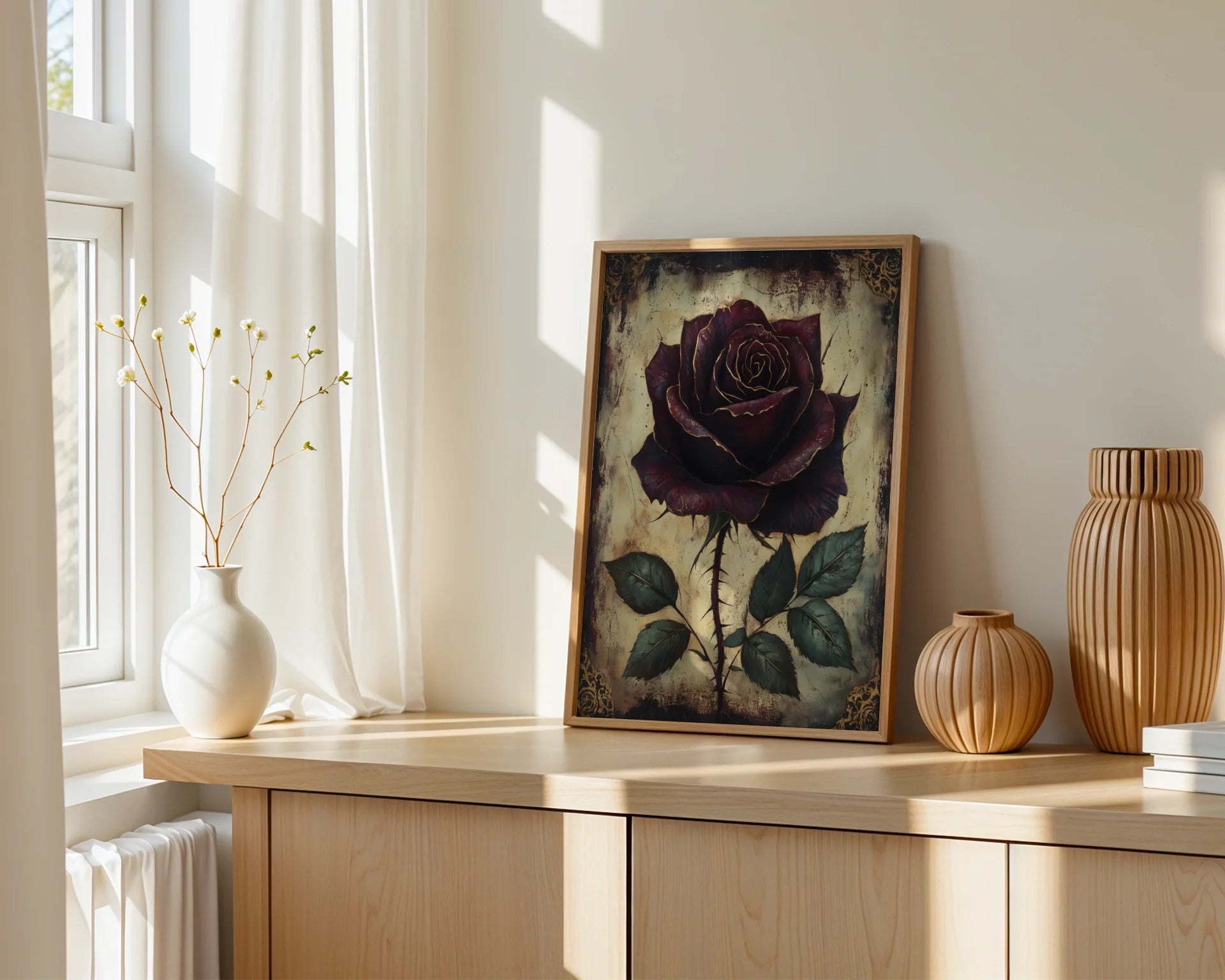 Dark Burgundy Rose Gothic Floral Gilded Canvas Wall Art — Ancient text style canvas displaying solitary blossom for timeless interior design