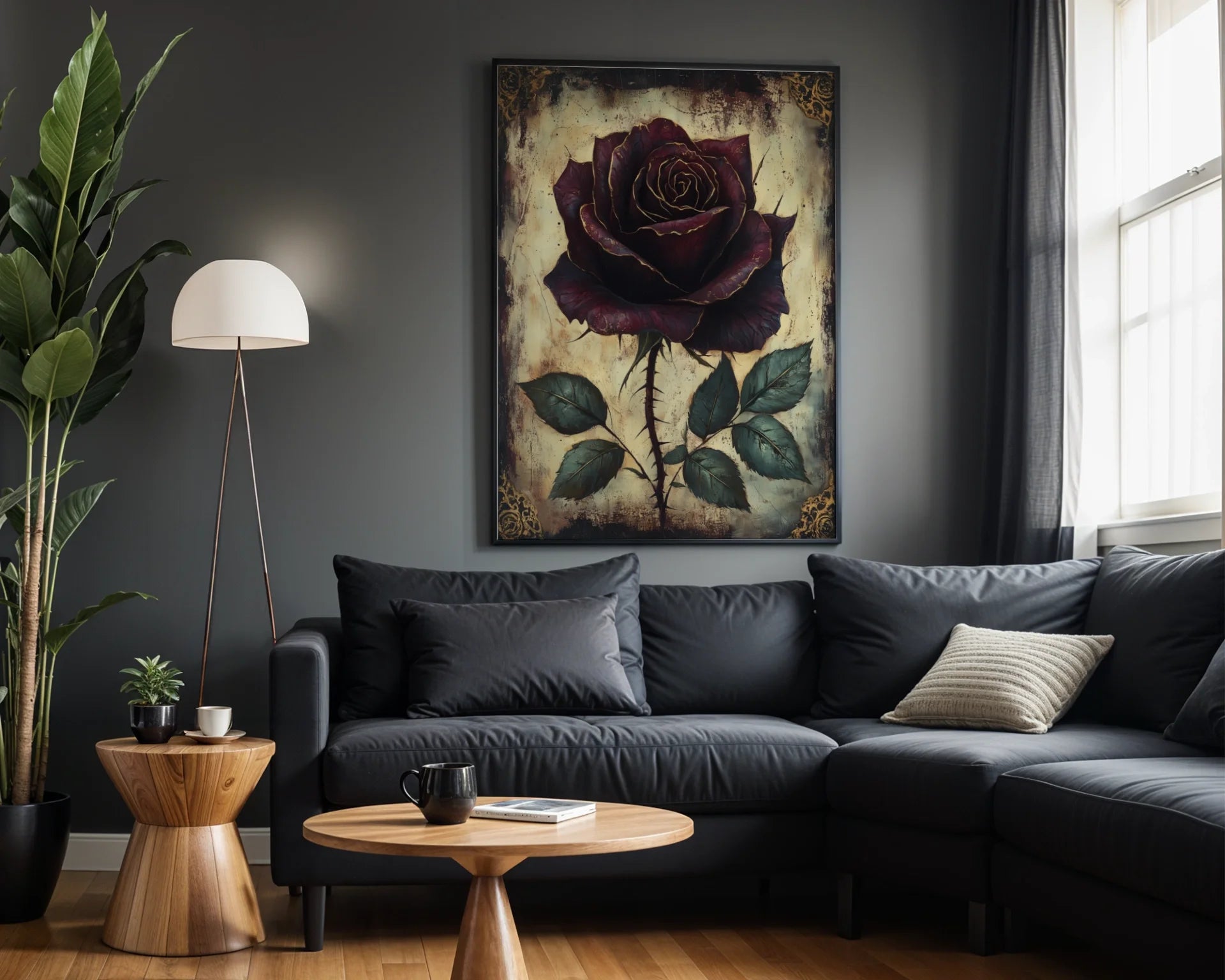 Dark Burgundy Rose Gothic Floral Gilded in room