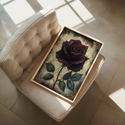 Dark Burgundy Rose Gothic Floral Gilded Canvas Wall Art — Literary themed flower canvas with old world charm for sophisticated living spaces