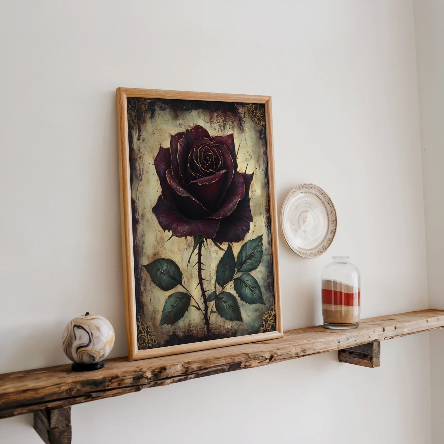 Dark Burgundy Rose Gothic Floral Gilded Canvas Wall Art — Deep wine colored petals with golden highlights on cream aged paper canvas wall piece