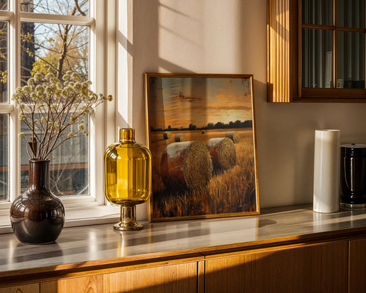 Golden Wheat Fields Harvest Farmhouse Canvas Wall Art — Modern farmhouse canvas showcasing rolled bales dotting prairie fields for countryside home styling