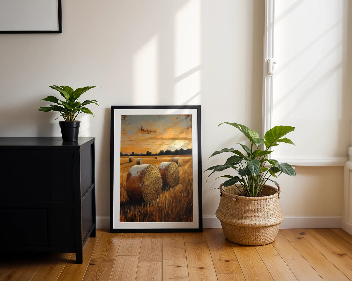 Golden Wheat Fields Harvest Farmhouse Canvas Wall Art — Rustic landscape artwork featuring bundled crops scattered through meadowlands for cottage decor